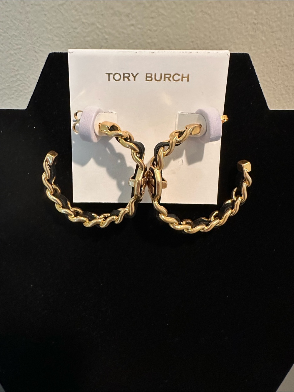 Tory Burch Gold and Black Chain-Link Hoop Earrings